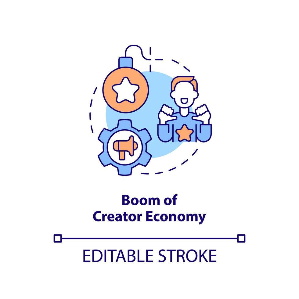 boom de l'icône de concept d'économie de créateur. création de contenu. illustration de ligne mince d'idée abstraite de tendance de médias sociaux. dessin de contour isolé. trait modifiable. vecteur