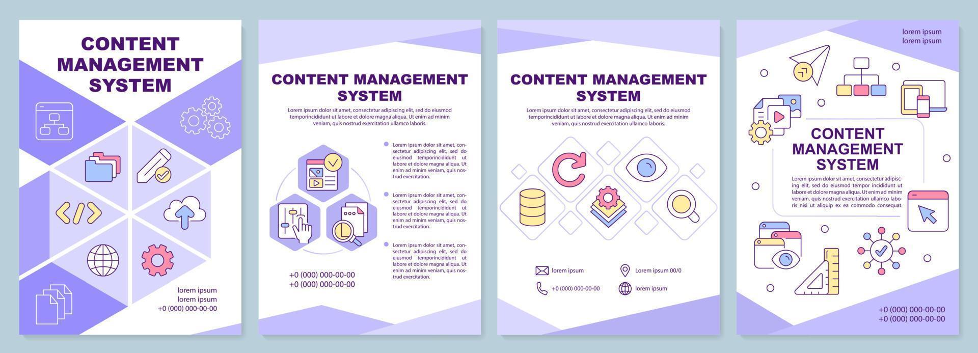modèle de brochure violet du système de gestion de contenu. conception de dépliant avec des icônes linéaires. 4 mises en page vectorielles modifiables pour la présentation, les rapports annuels. vecteur