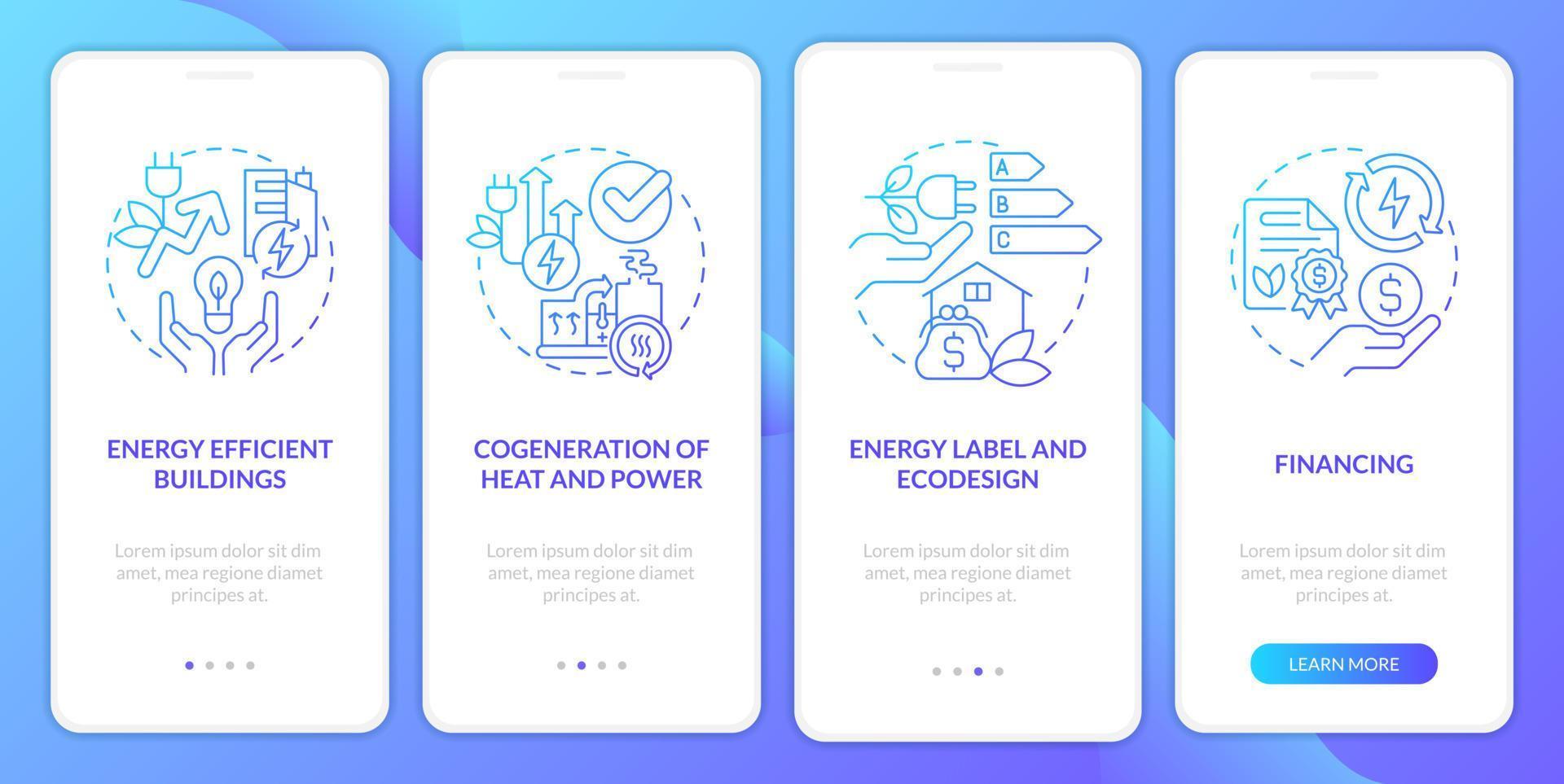 écran d'application mobile d'intégration de gradient bleu d'efficacité énergétique et de conservation. instructions graphiques en 4 étapes avec des concepts linéaires. ui, ux, modèle d'interface graphique. vecteur