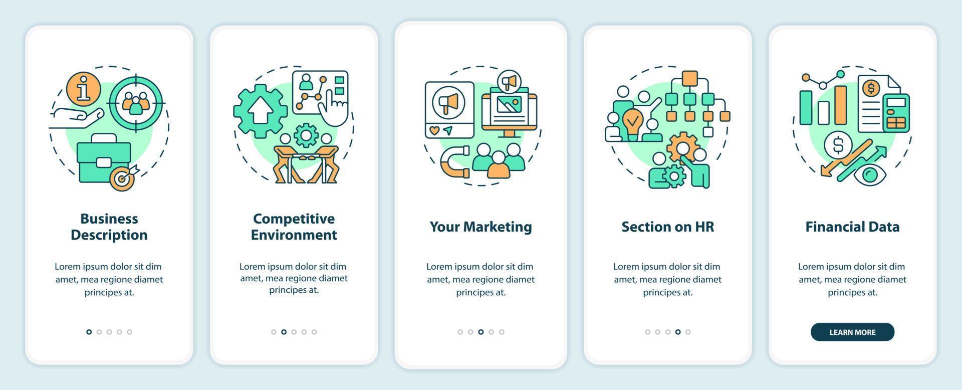 avantages de l'écran de l'application mobile d'intégration de la planification d'entreprise. instructions graphiques modifiables en 5 étapes avec des concepts linéaires. ui, ux, modèle d'interface graphique. vecteur