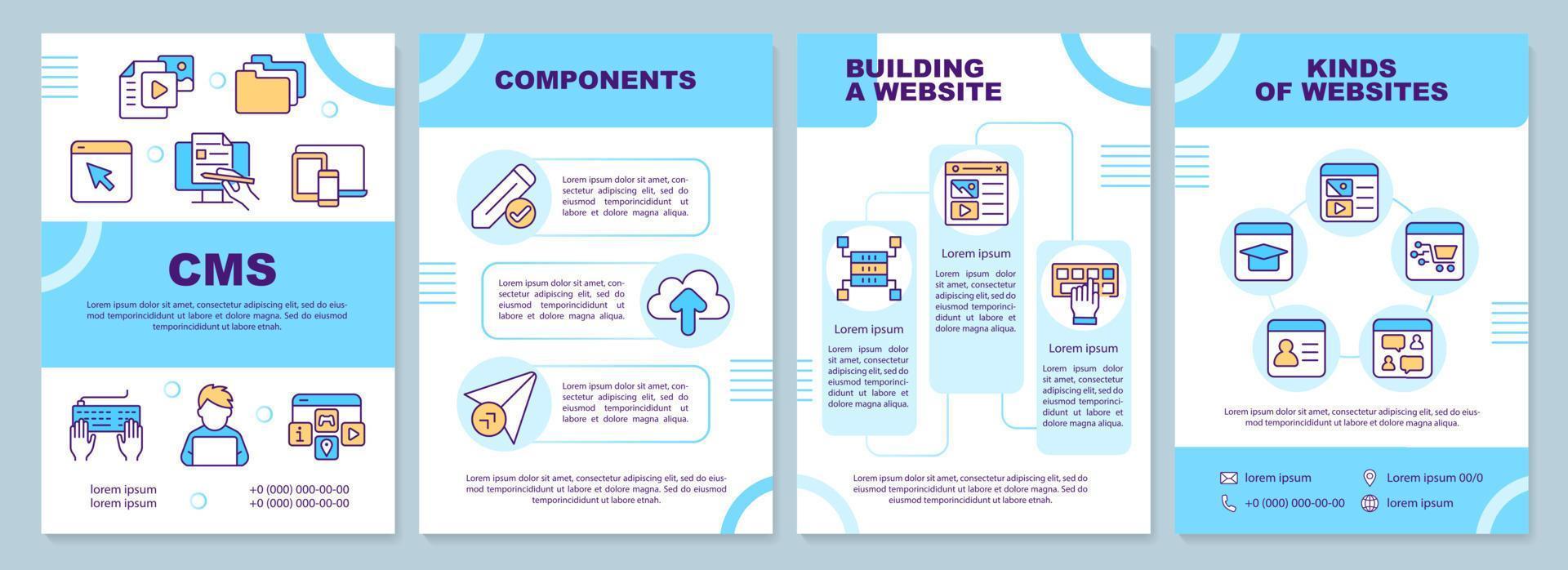 cms pour le modèle de brochure bleue de développement de site Web. Composants. conception de dépliant avec des icônes linéaires. 4 mises en page vectorielles modifiables pour la présentation, les rapports annuels. vecteur