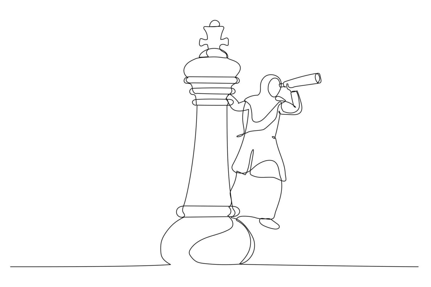 dessin animé d'une femme d'affaires musulmane chef de file sur la pièce d'échecs du roi à l'aide d'un télescope pour voir la stratégie commerciale. concept de prise de décision de planification d'entreprise. style d'art en ligne continue unique vecteur