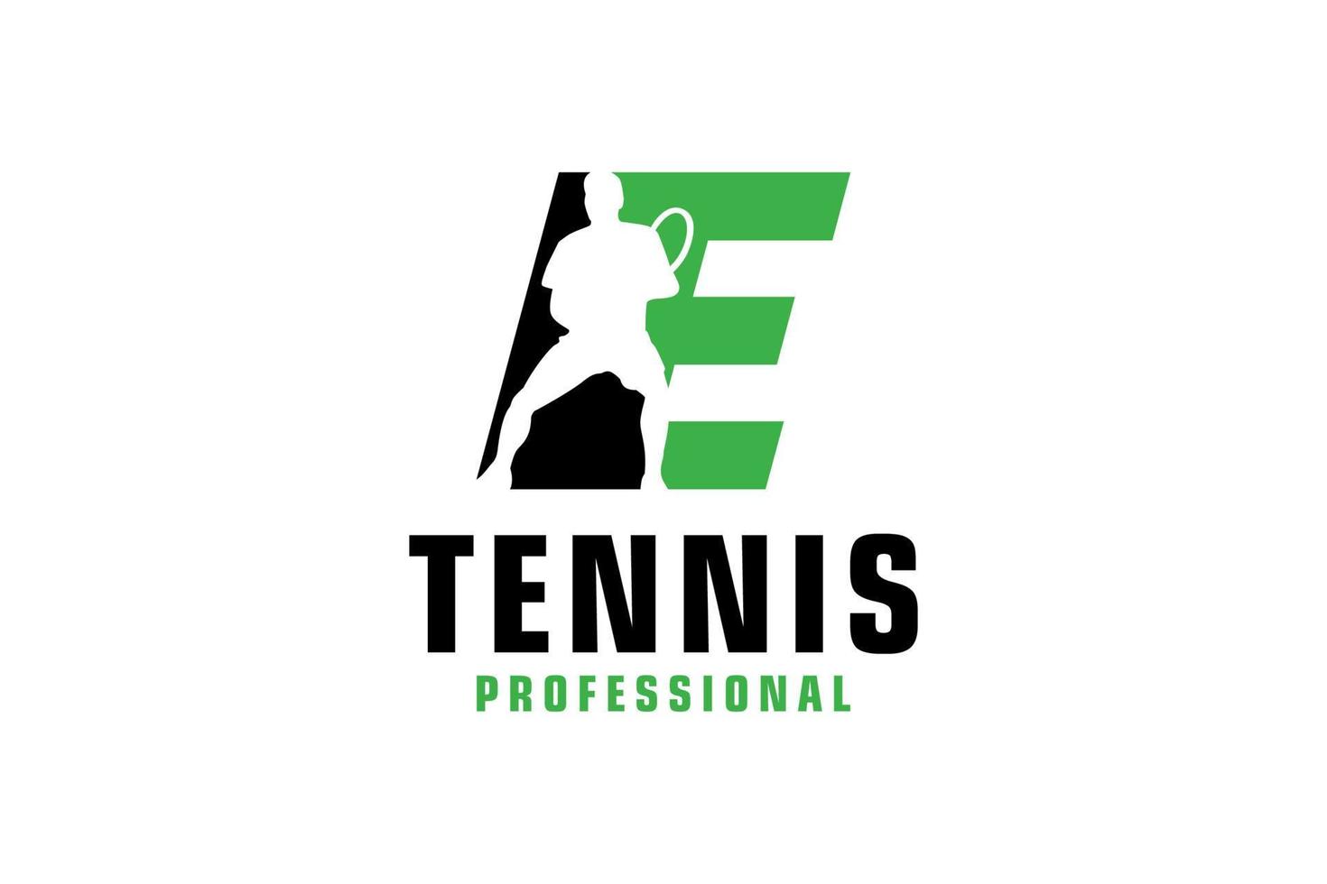 lettre e avec création de logo de silhouette de joueur de tennis. éléments de modèle de conception de vecteur pour l'équipe sportive ou l'identité d'entreprise.