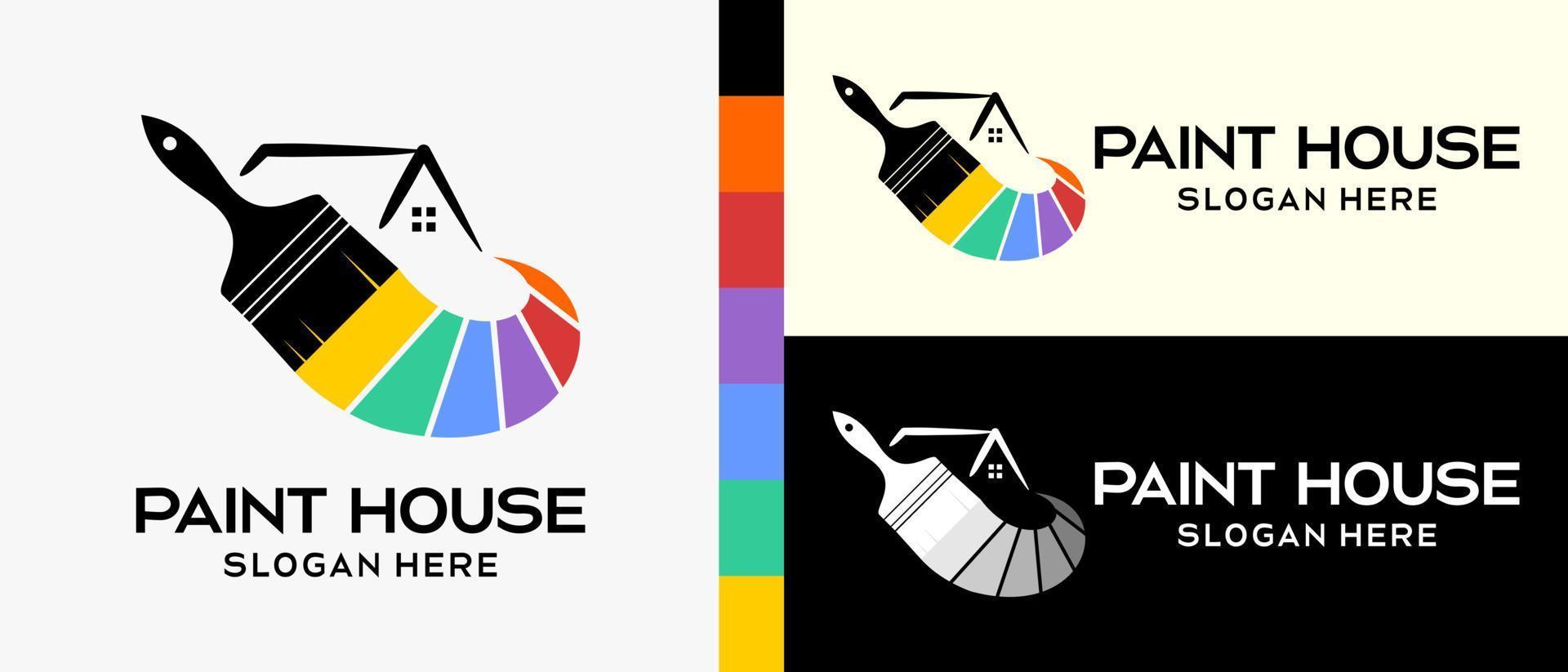 modèle de conception de logo de peinture de bâtiment cool. pinceau avec silhouette et icône de la maison, concept de couleur arc-en-ciel. illustration vectorielle d'un logo pour mur ou peinture de bâtiment. vecteur premium