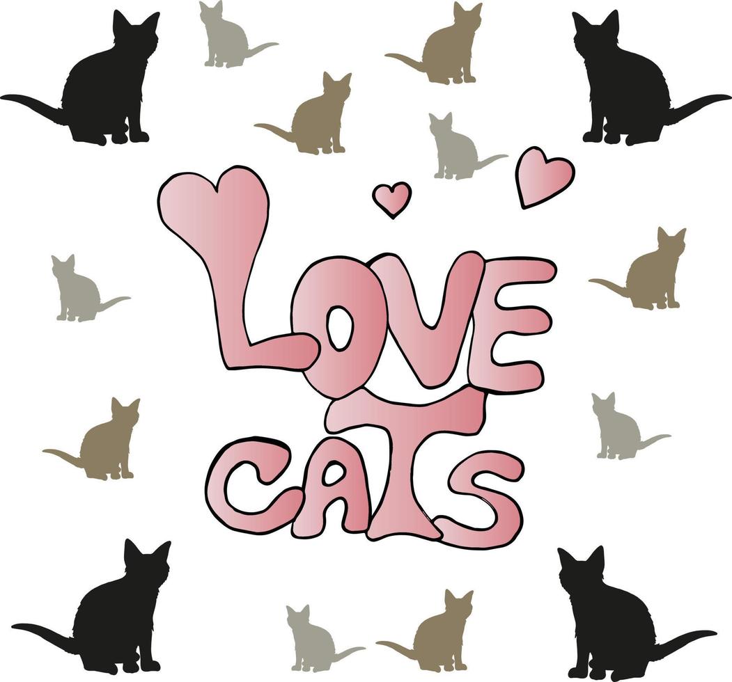 texte rose aime les chats et les chats noirs et gris sur fond blanc. image vectorielle. vecteur
