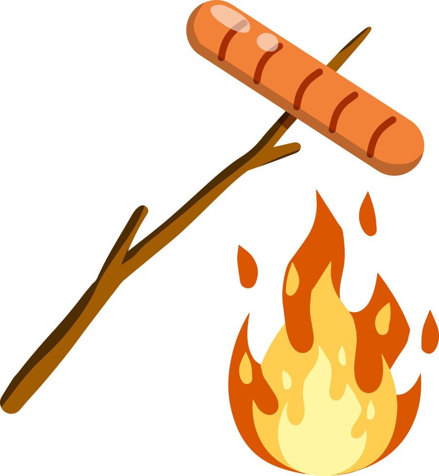 la saucisse est frite sur un bâton au-dessus du feu. régime de viande rôtie. élément de barbecue et de nourriture de rue. illustration plate de dessin animé. nourriture dans le camp à la campagne vecteur