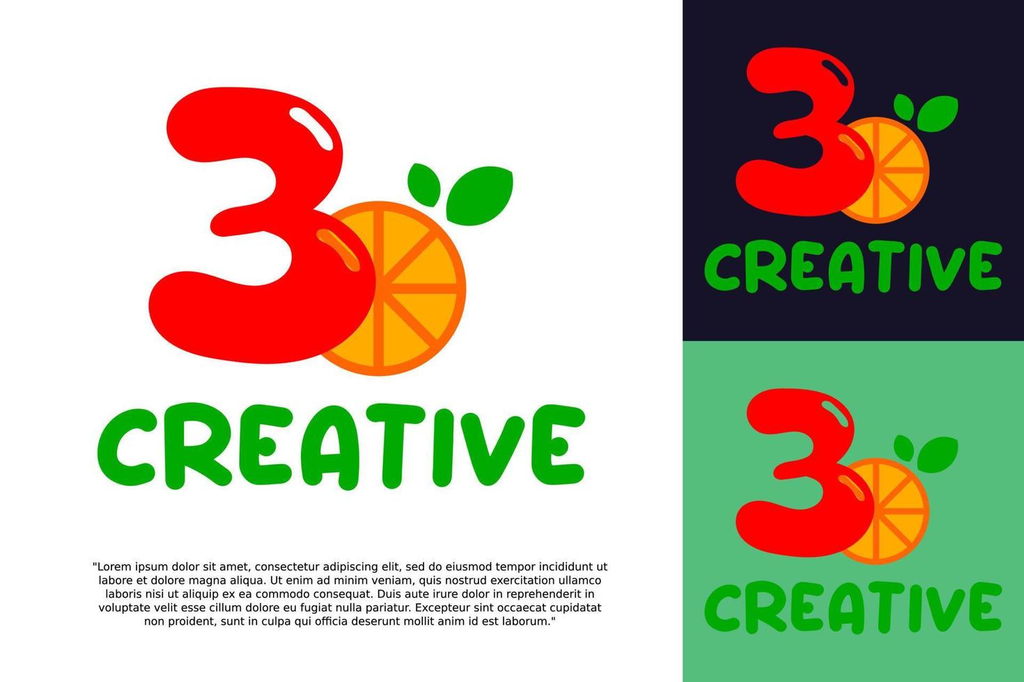 numéro initial 3 avec élément de concept vectoriel logo fruits orange, logo numéro 3 avec orange bio