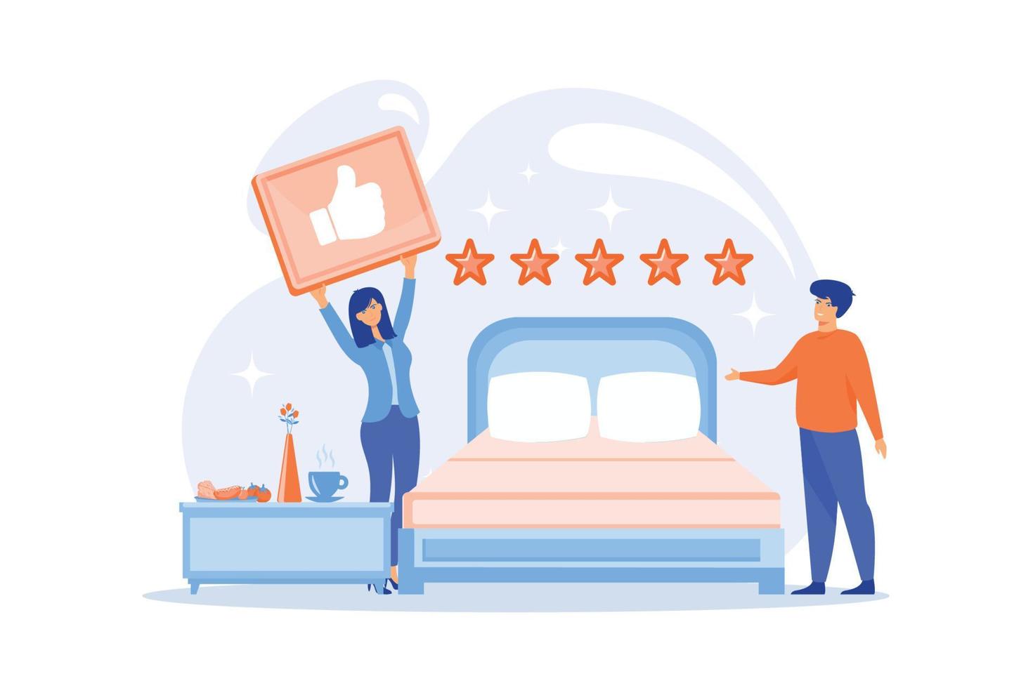 service luxueux, commentaires des clients satisfaits, avis positifs. chambres d'hôtes, hébergement chez l'habitant, concept d'hôtel bed and breakfast. illustration moderne de vecteur plat