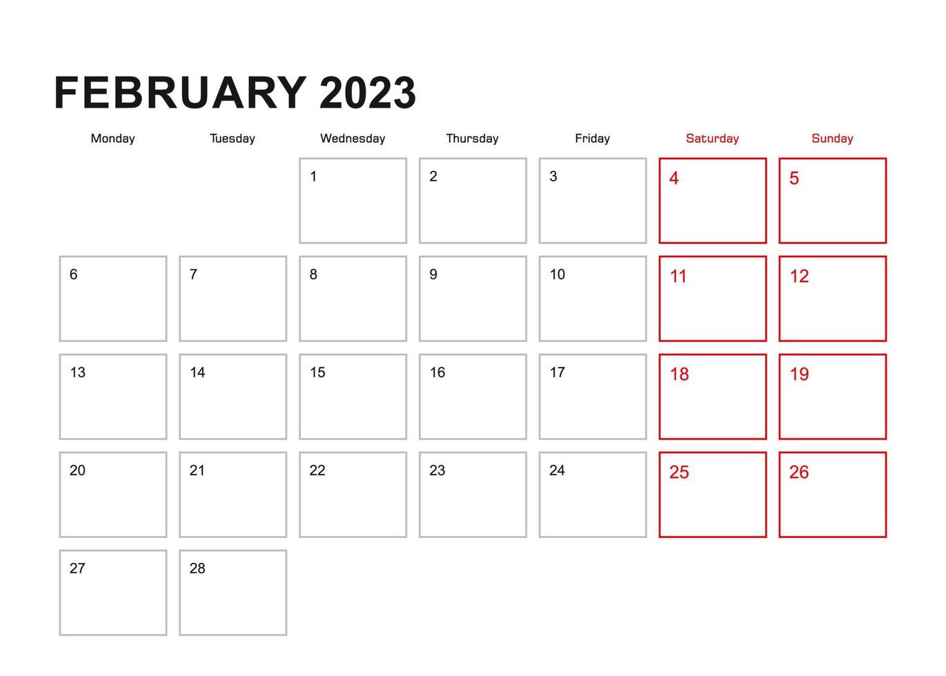 planificateur mural pour février 2023 en anglais, la semaine commence le lundi. vecteur