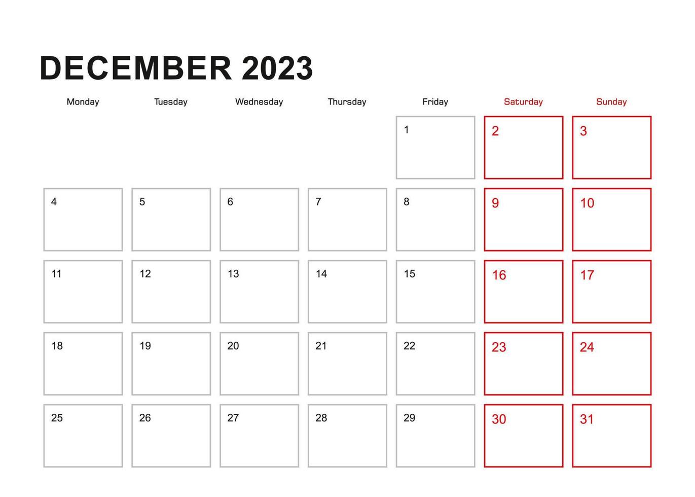 planificateur mural pour décembre 2023 en anglais, la semaine commence le lundi. vecteur