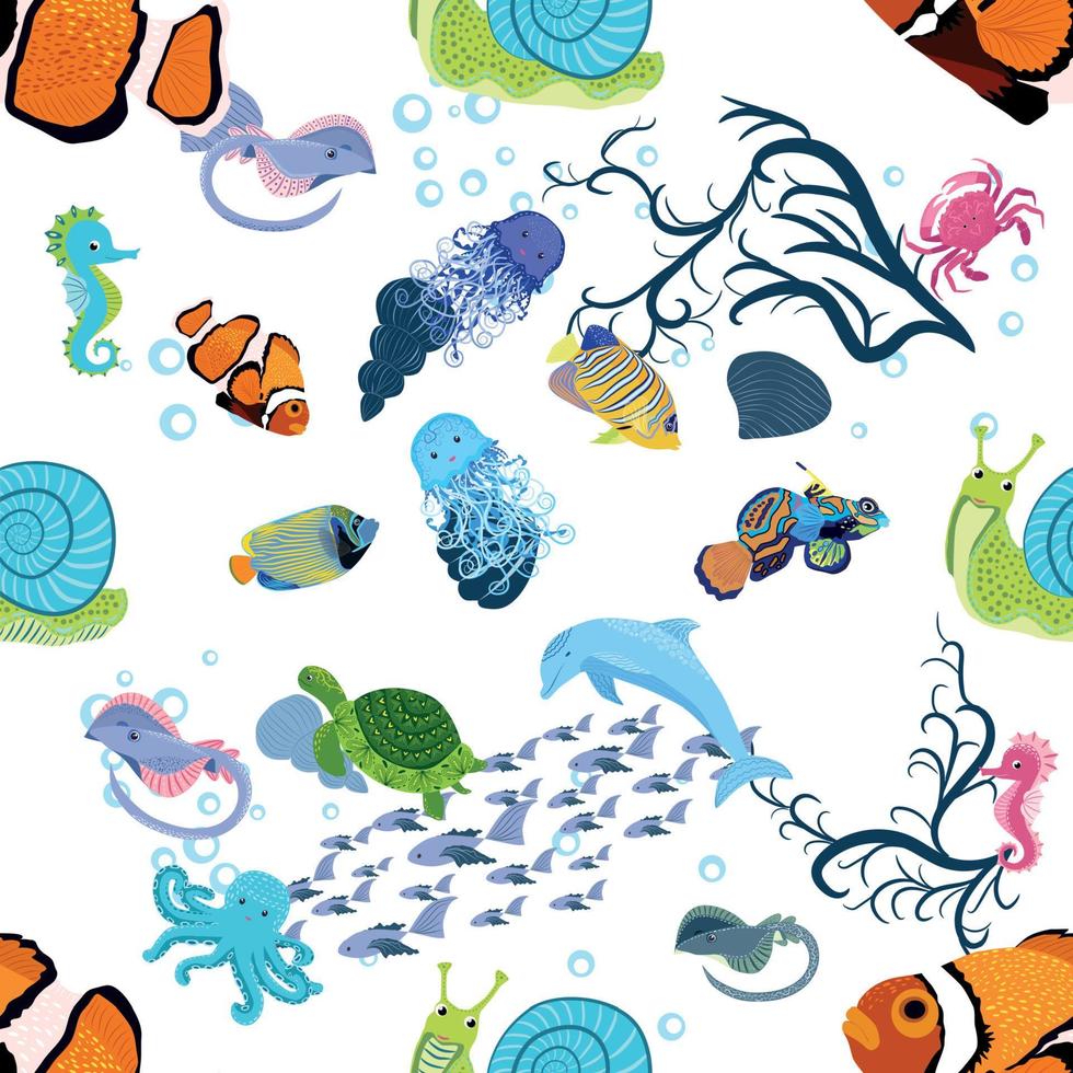 vie marine, poissons, animaux modèle sans couture lumineux. voyage en mer, plongée sous-marine animaux poissons tropicaux. méduse, baleine, requin, hippocampe, poisson clown, dauphin, tortue, empereur vecteur