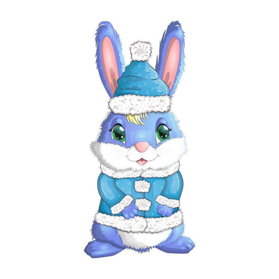 lapin de dessin animé mignon dans un chapeau et un manteau de fourrure, une écharpe. hiver 2023, noël et nouvel an vecteur