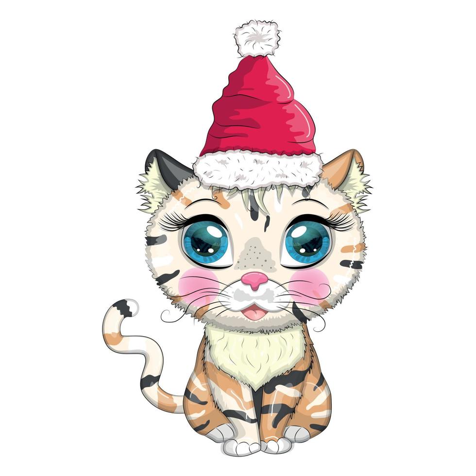 chat de dessin animé mignon en bonnet de noel avec cadeau, boule de noël, candy kane. hiver 2023, noël et nouveau chinois vecteur