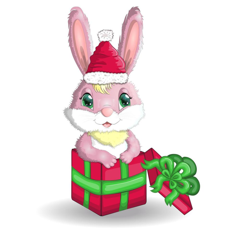 lapin de dessin animé mignon en bonnet de noel avec un cadeau. hiver 2023, noël et nouvel an vecteur