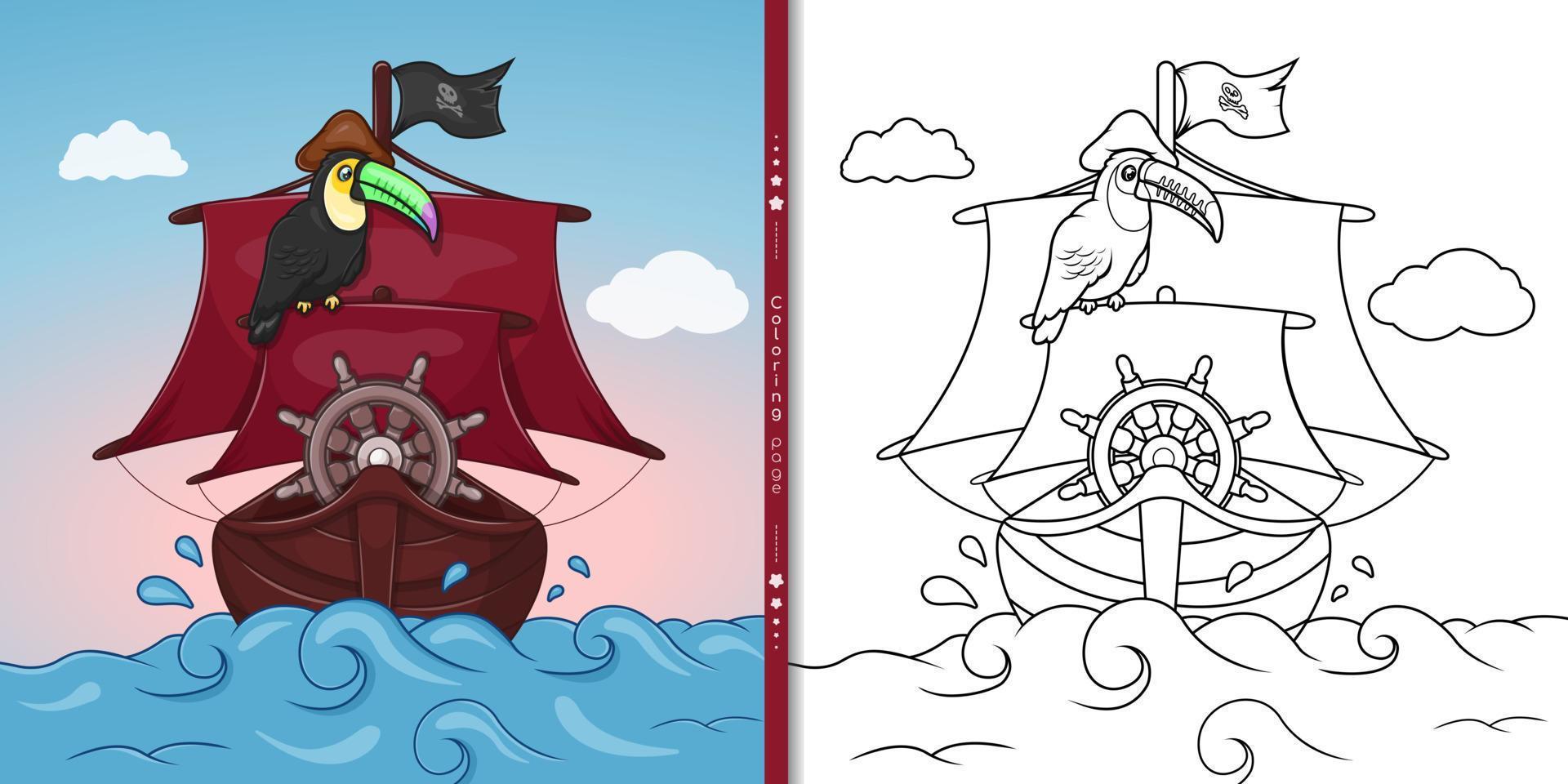 coloriage. oiseau toucan crache sur un bateau pirate vecteur