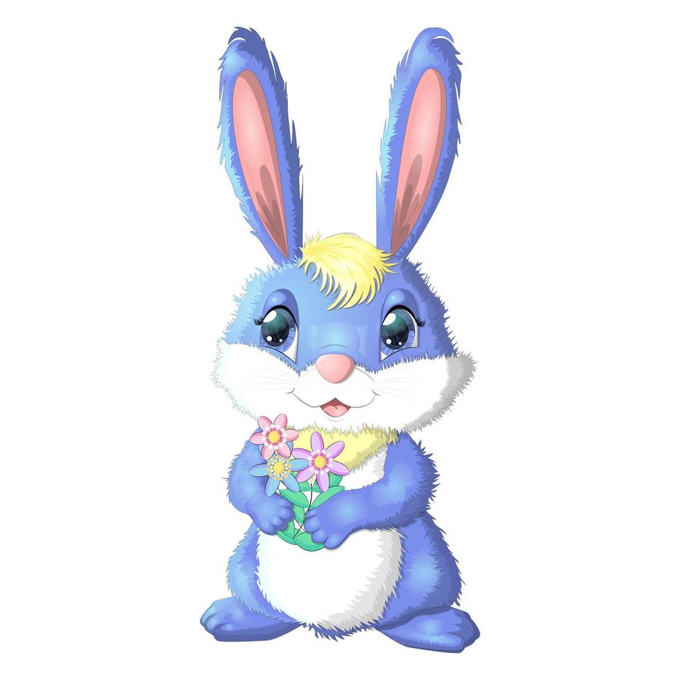 lapin de dessin animé, lièvre avec des fleurs. personnage enfantin mignon, pâques, printemps, symbole du nouvel an chinois 2023 vecteur