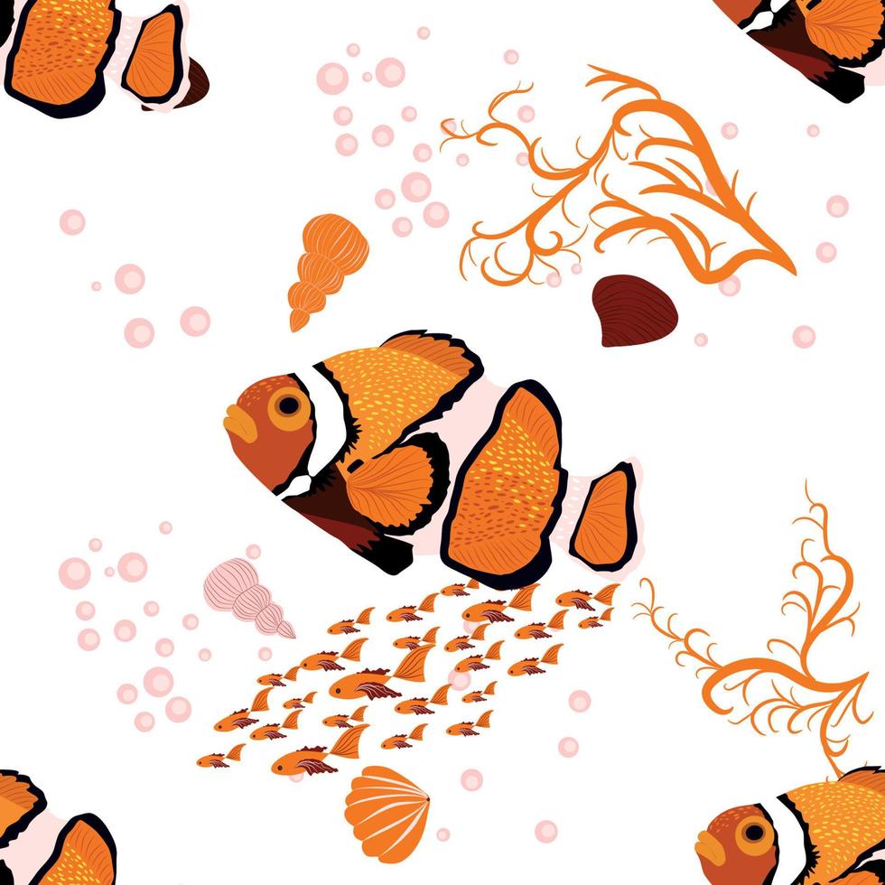amphiprion, poisson clown habitant de la mer orange vif entouré d'ampoules à eau, dessiné à la main vecteur