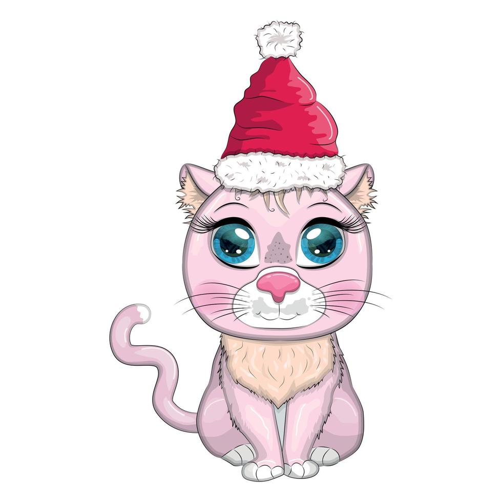 chat de dessin animé mignon en bonnet de noel avec cadeau, boule de noël, candy kane. hiver 2023, noël et nouveau chinois vecteur