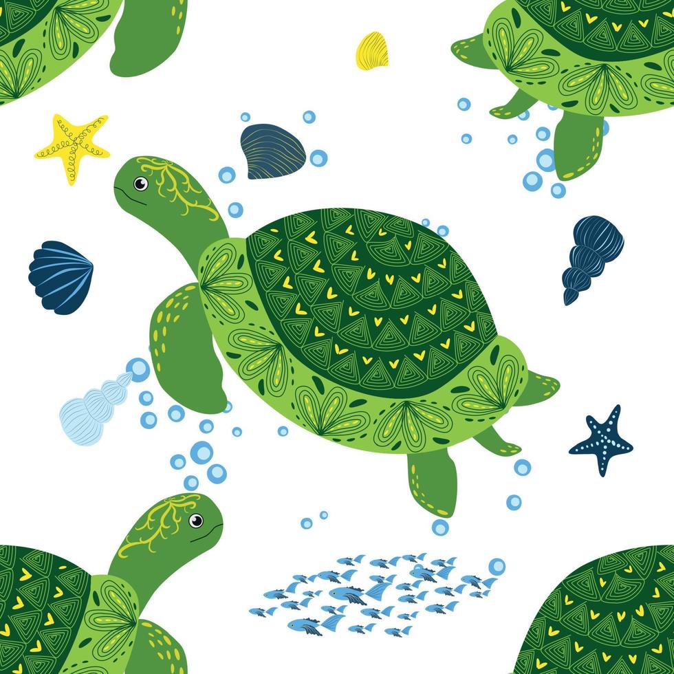 modèle sans couture vert tortue, beau personnage parmi les coquillages, les algues, les étoiles de mer, la nature de la faune des animaux marins. nature sous-marine, poissons sauvages marins dans le zoo de l'océan. vecteur