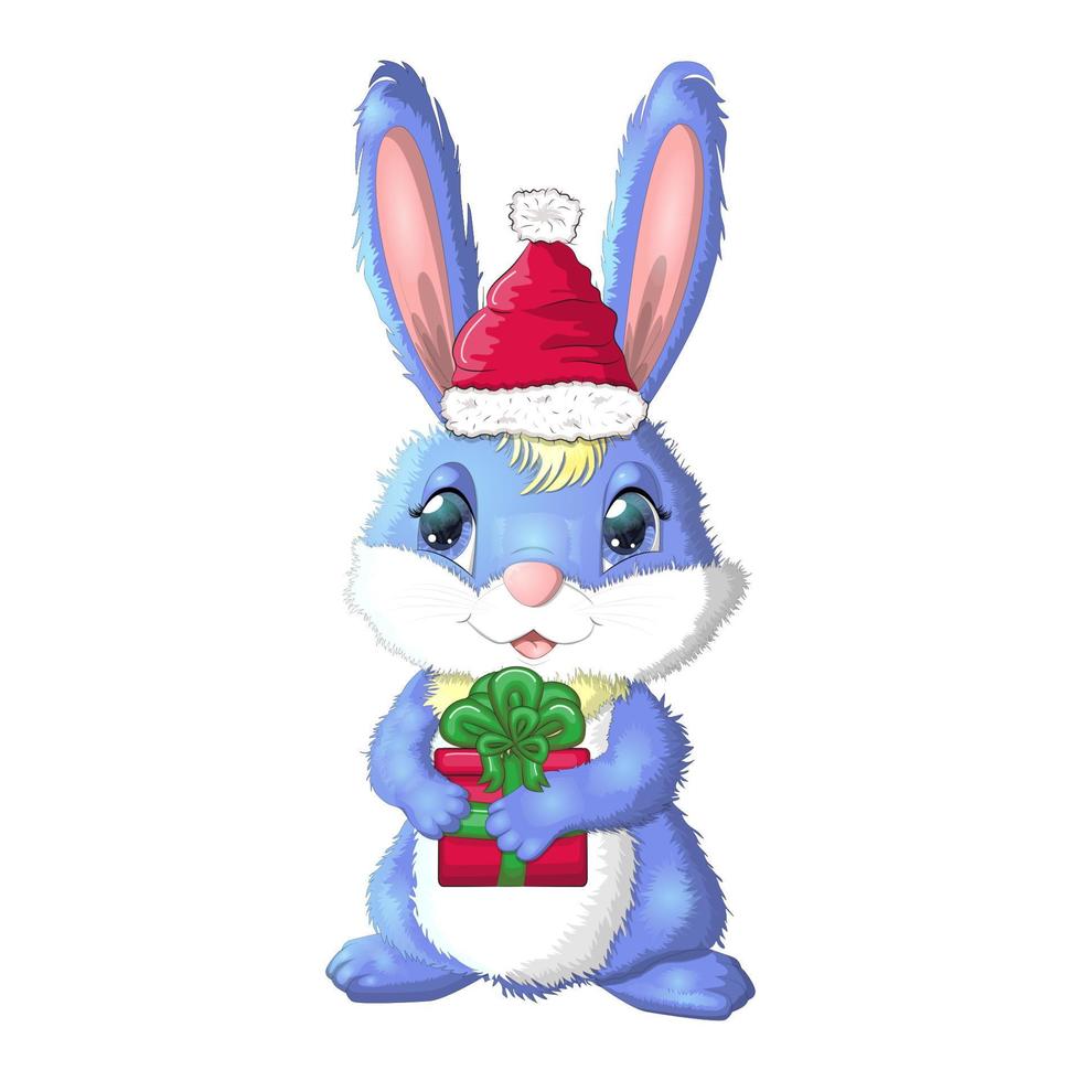 lapin de dessin animé mignon en bonnet de noel avec un cadeau. hiver 2023, noël et nouvel an vecteur