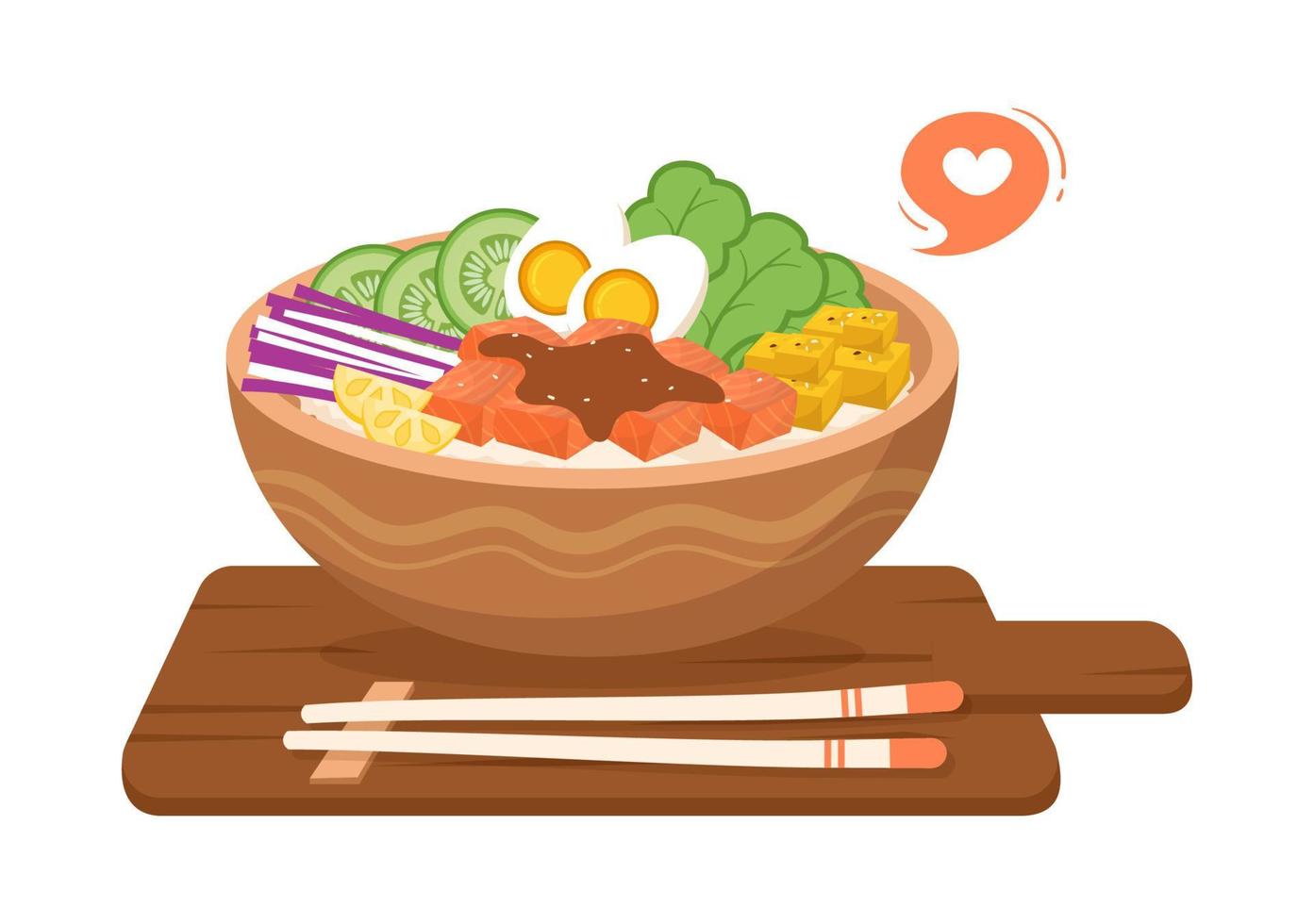 plat hawaïen poke bowl modèle de nourriture dessin animé dessiné à la main illustration plate avec riz, thon, poisson frais, oeuf et légumes design vecteur