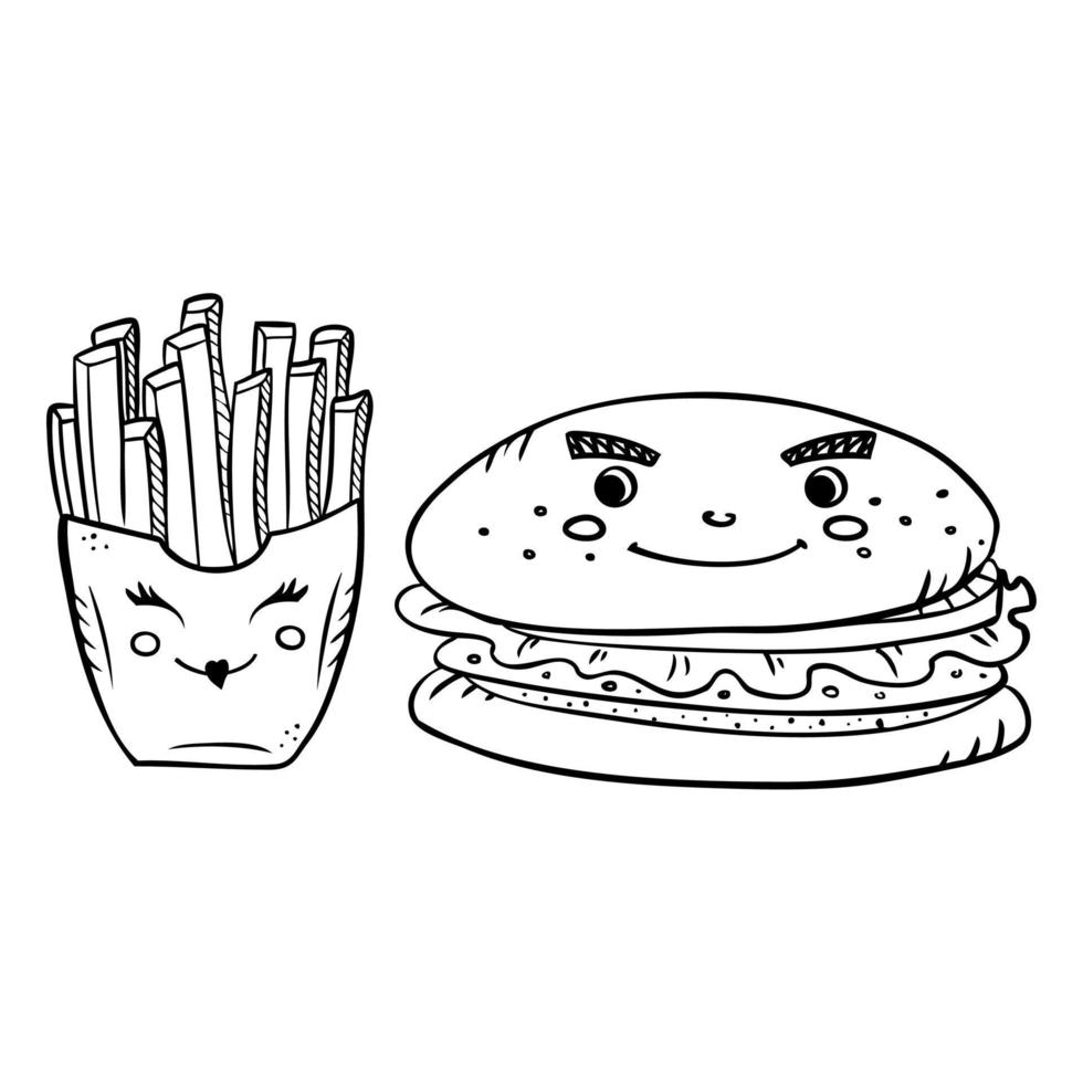 dépliant de la saint-valentin, carte postale, autocollant avec joli burger de frites. illustrations vectorielles de couple pour les cartes de la saint-valentin sur l'amour. vecteur