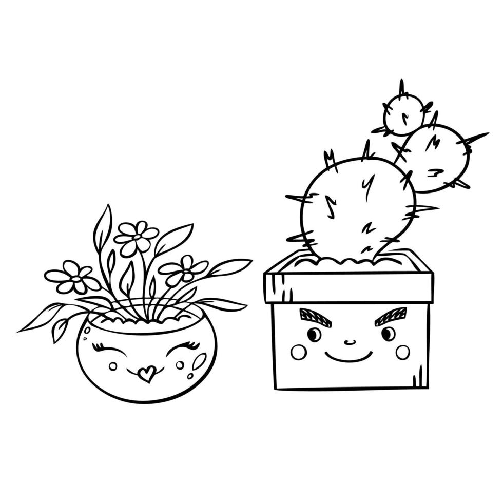 dépliant de la saint-valentin, carte postale, autocollant avec de jolies plantes d'intérieur en pot. illustration vectorielle d'un couple de cactus et de fleurs pour la saint-valentin sur l'amour. vecteur