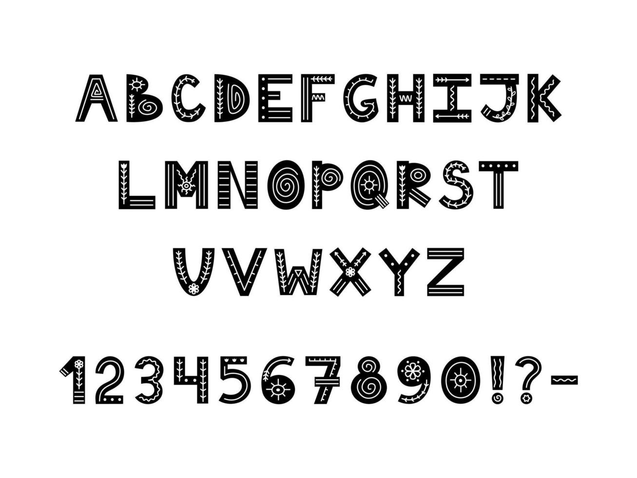 alphabet orné scandinave noir et blanc. police folklorique avec lettres, chiffres et signes de ponctuation. alphabet latin de style scandinave. vecteur