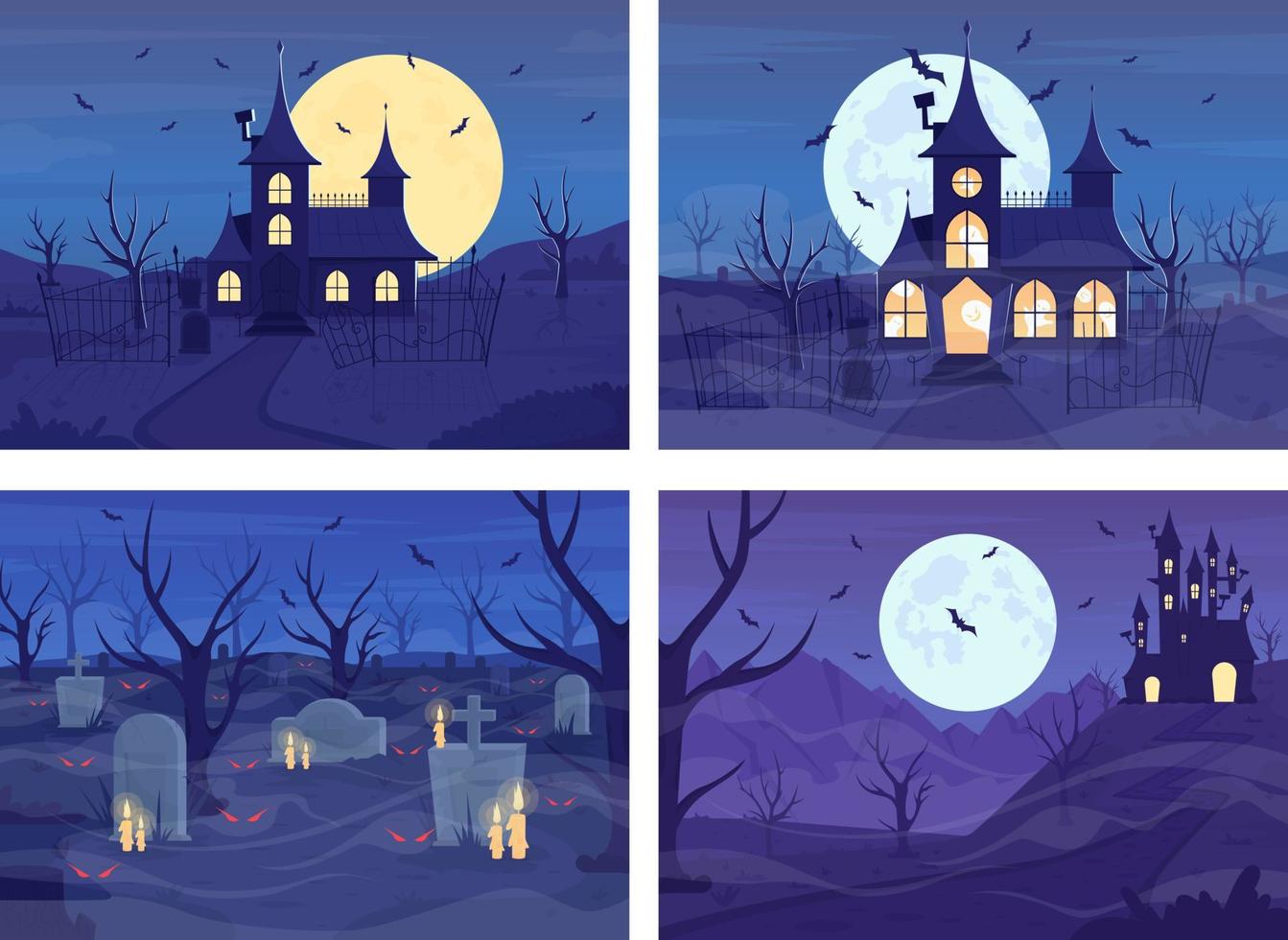 jeu d'illustrations vectorielles de couleur plate nocturne effrayante. château hanté. cimetière avec des fantômes. chauves-souris volantes effrayantes. paysages de dessin animé simples 2d entièrement modifiables avec la lune sur la collection de fond vecteur