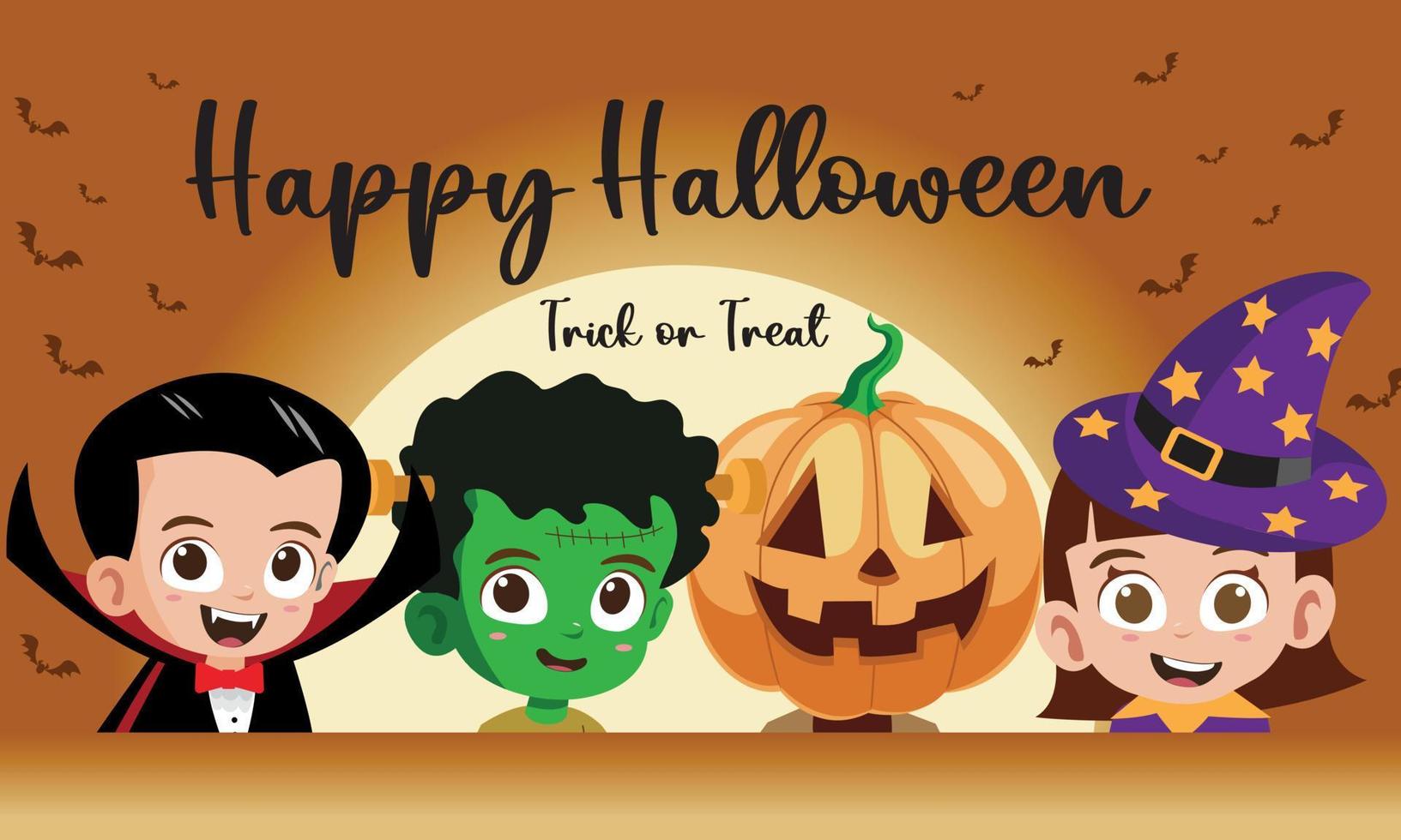 joyeux halloween avec des enfants en costumes de vampire, frankenstein, citrouille et sorcière illustration vectorielle vecteur