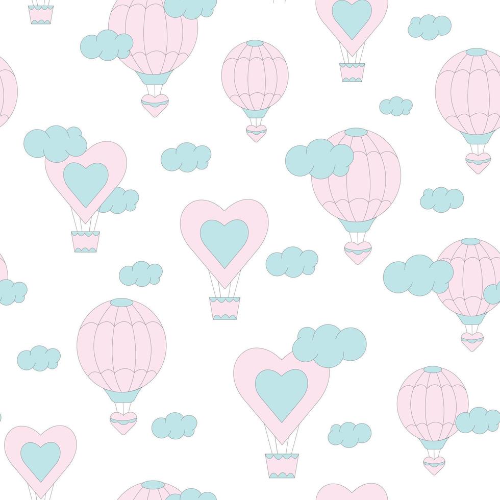 vecteur plat joli motif harmonieux de ballons à air dans des couleurs pastel avec des nuages sur fond blanc.