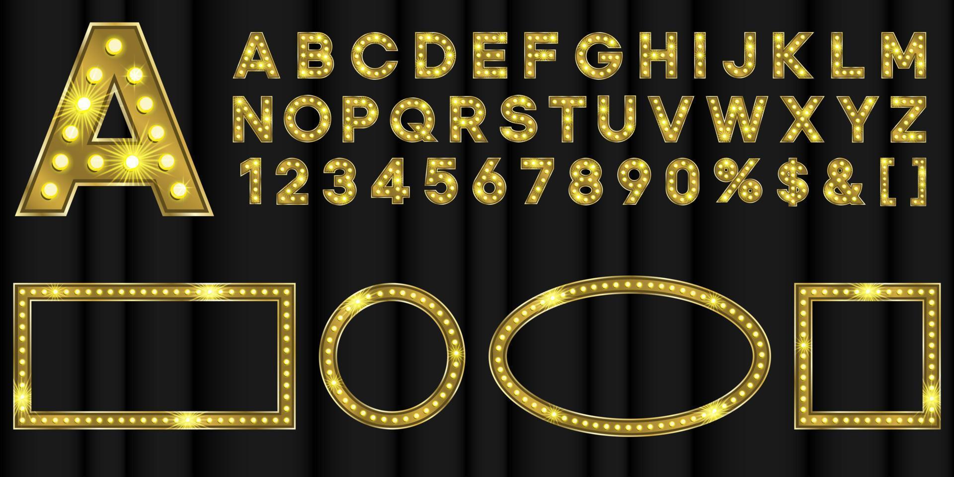 lettres dorées avec effet de texte léger. police 3d chapiteau avec lampe allumée. cadres vintage géométriques vecteur