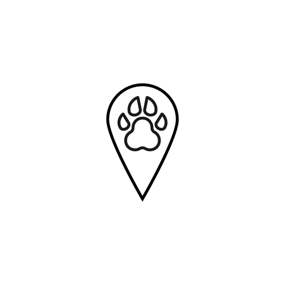 symbole vectoriel dessiné avec une fine ligne noire. signe monochrome simple parfait pour les articles, livres, magasins, magasins. icône de ligne de patte ou de chat ou de chien à l'intérieur du signe de géolocalisation