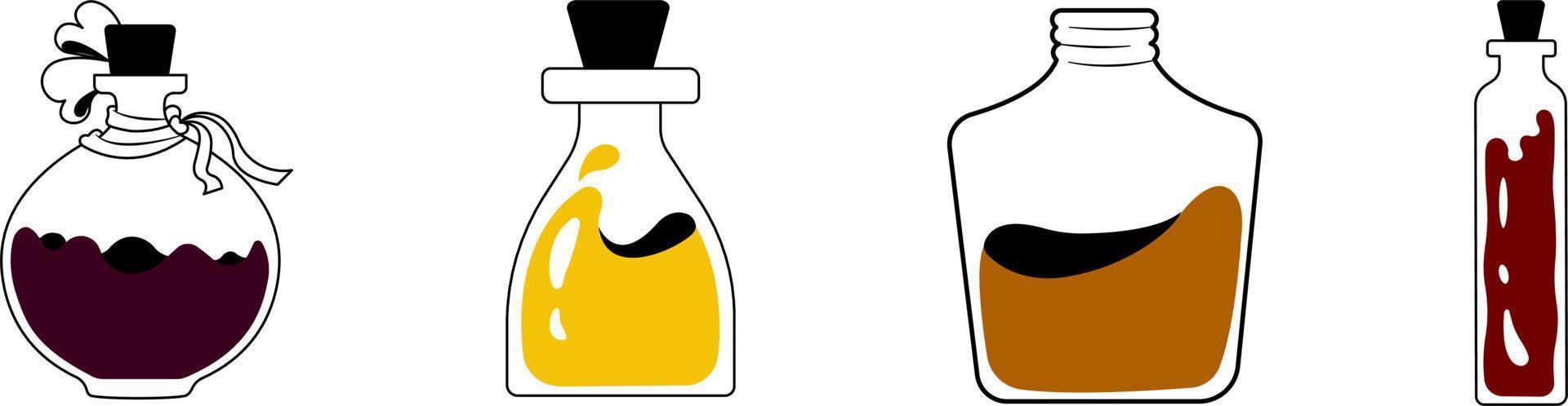 illustration vectorielle d'alchimie d'un ensemble de bouteilles avec des potions magiques, un pot magique avec du cristal. vecteur