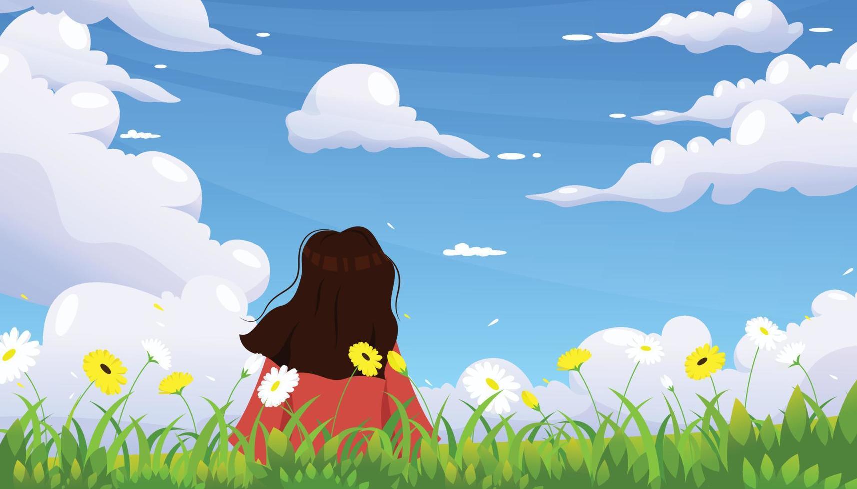 fille se détendre sur l'herbe et en regardant l'illustration vectorielle de ciel bleu paysage vecteur