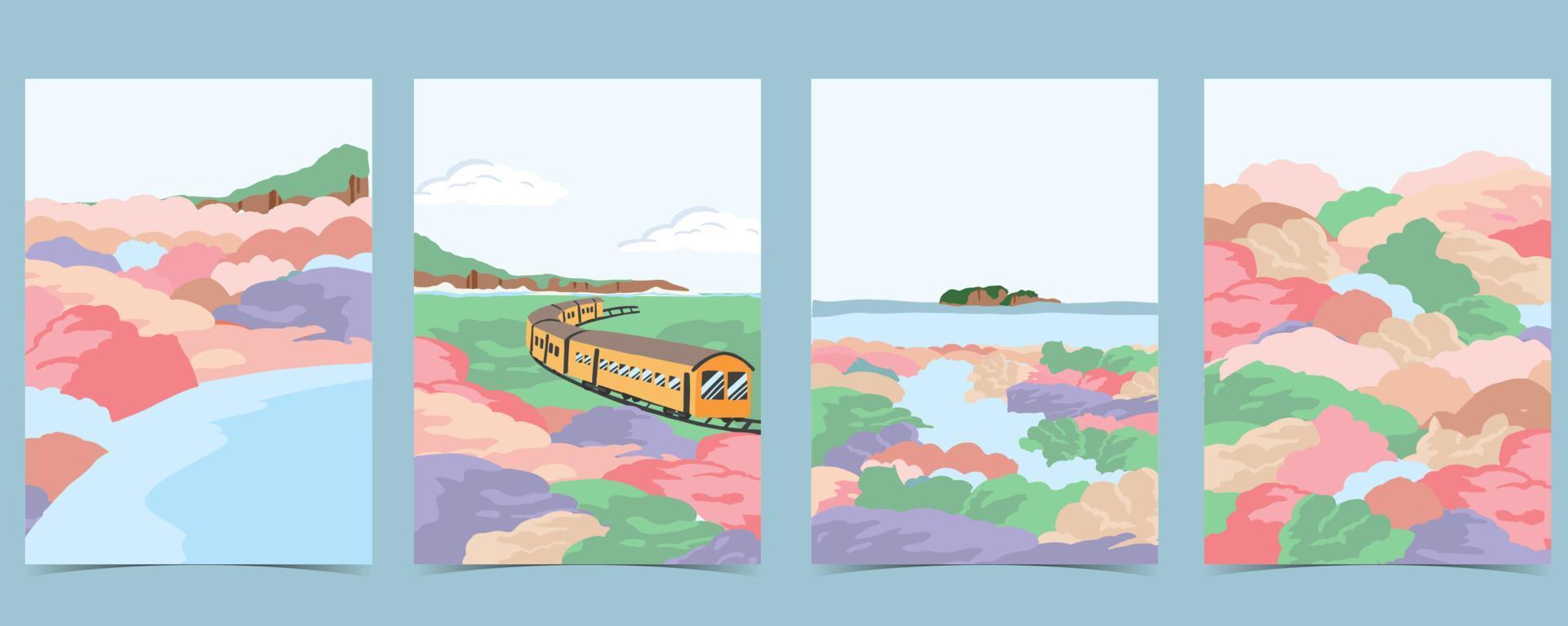 carte de voeux de voyage avec fleur, champ et ciel vecteur