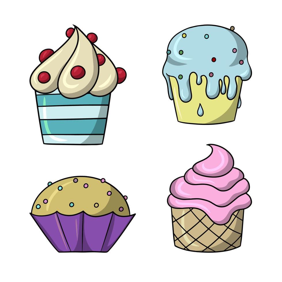 un ensemble d'icônes, de délicieux cupcakes colorés avec de la crème de fruits délicate et des miettes de sucre, illustration vectorielle en style cartoon sur fond blanc vecteur