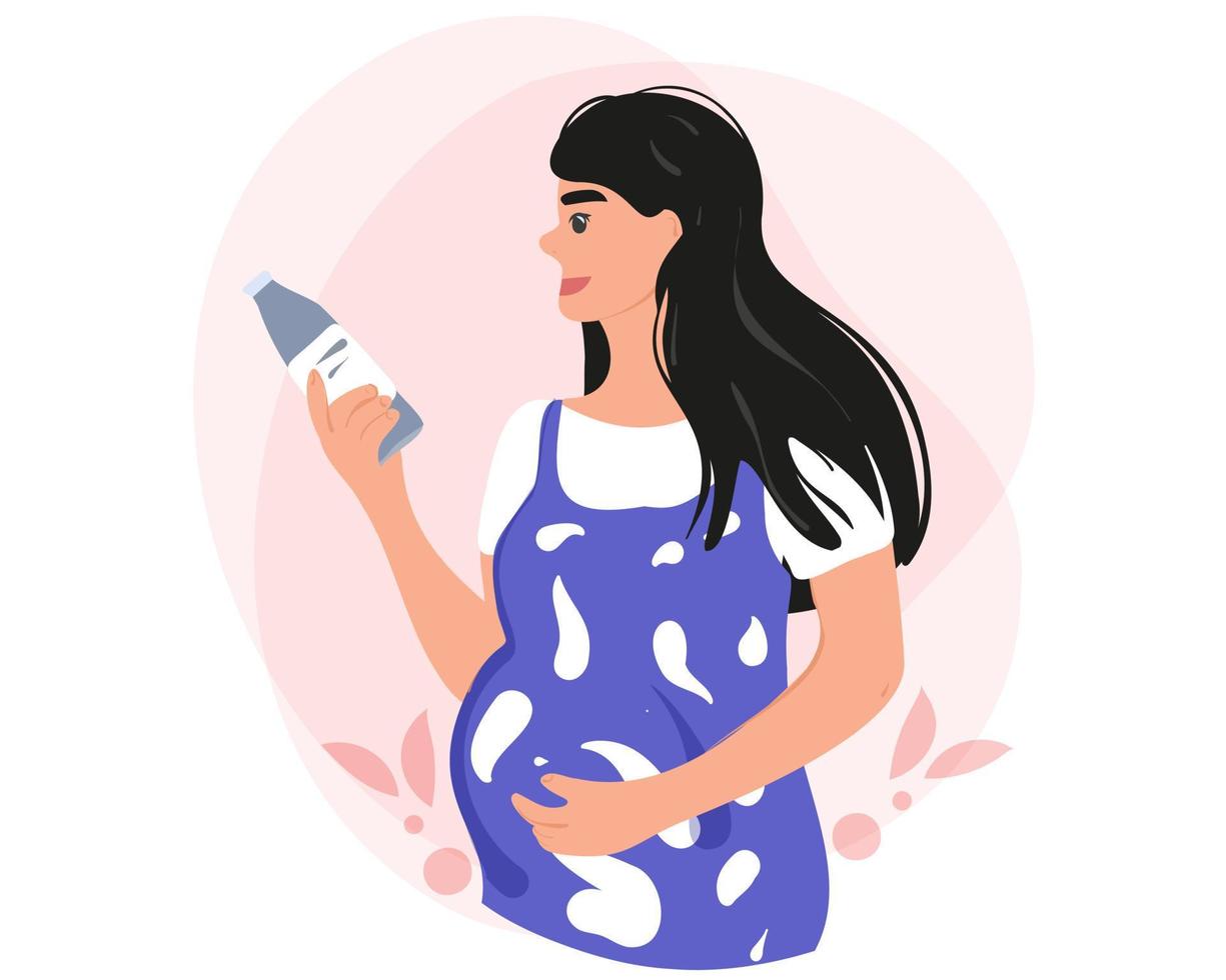 portrait d'une femme enceinte pensive choisissant une boisson lors de ses achats ou à la maison. shopping, nourriture, grossesse, alimentation saine et concept de personnes - femme enceinte heureuse avec une bouteille de jus ou de lait. vecteur