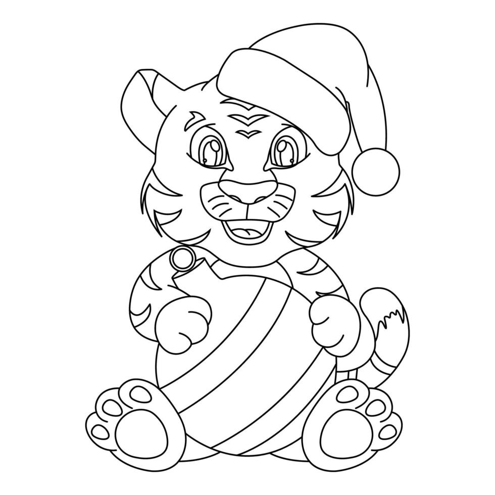 un petit tigre dans un chapeau du nouvel an du père noël est assis avec une balle de jouet du nouvel an, dessin à la main, ligne vecteur