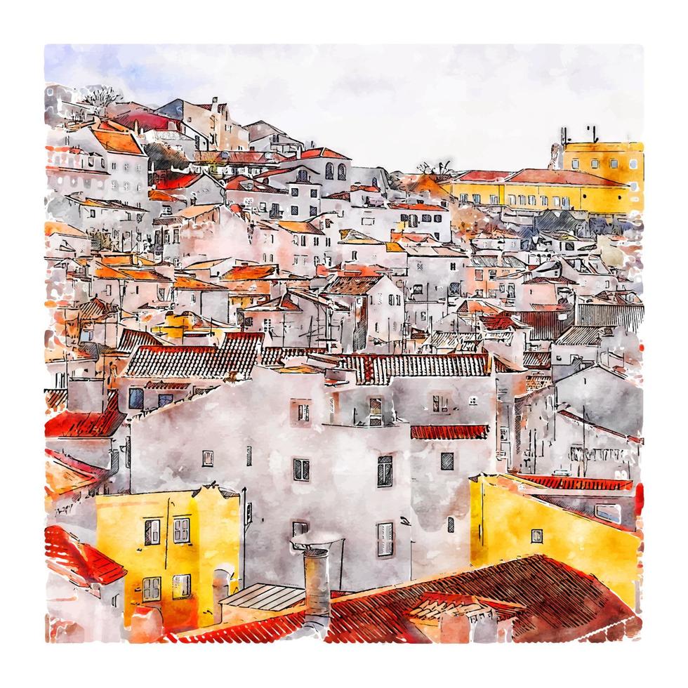 lisbonne portugal croquis aquarelle illustration dessinée à la main vecteur