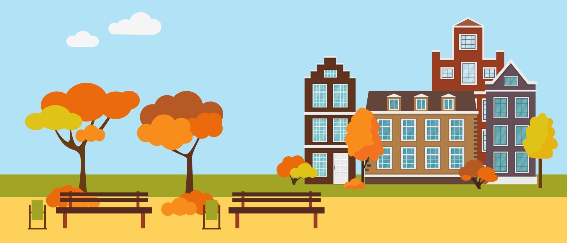 parc d'automne avec bancs, arbres et bâtiments de la ville. illustration vectorielle de paysage. vecteur