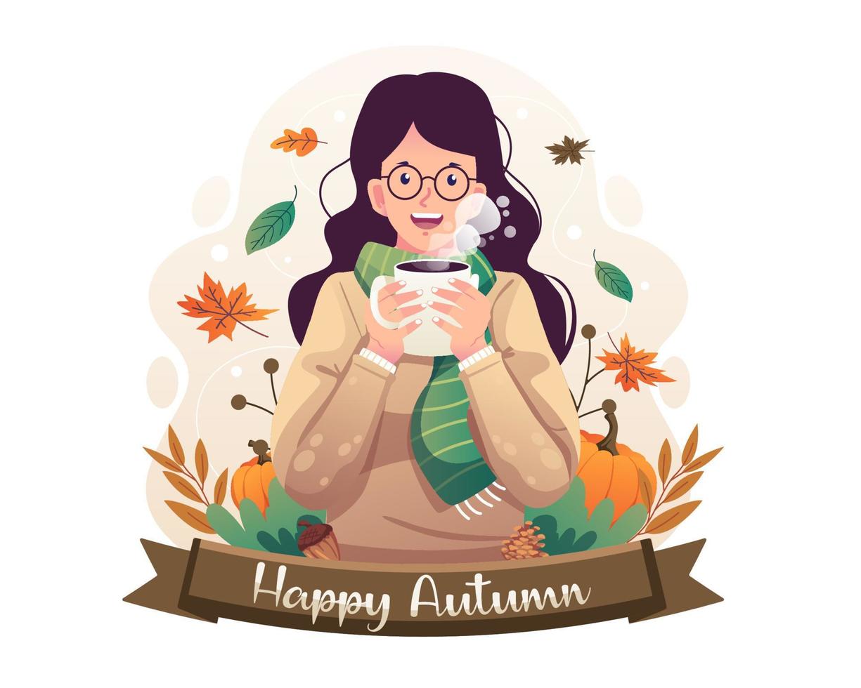 bonjour l'automne avec une fille dans un pull chaud profitez de l'automne en tenant une boisson chaude. une jolie femme dégustant une tasse de café ou de thé chaud. illustration vectorielle dans un style plat vecteur