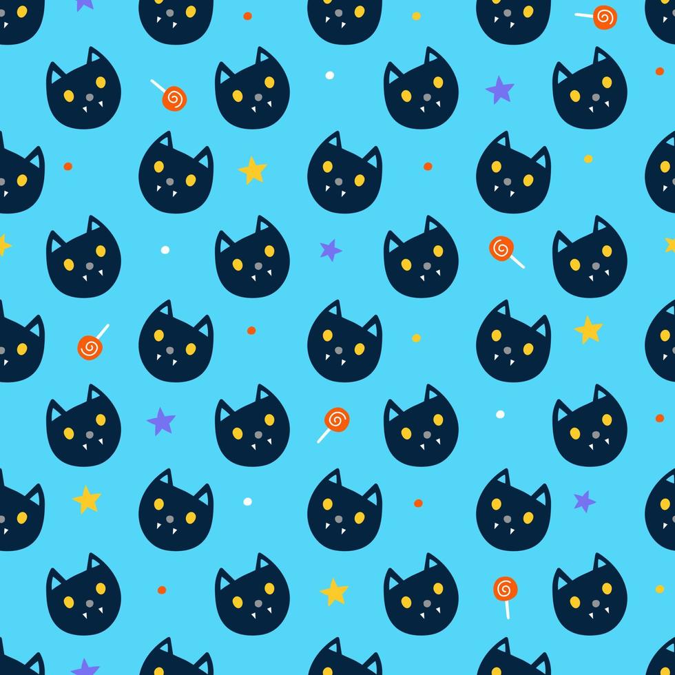 mignon heureux halloween chat noir chats dessin animé modèle sans couture vecteur fond bleu fantôme étoile sucette bonbons