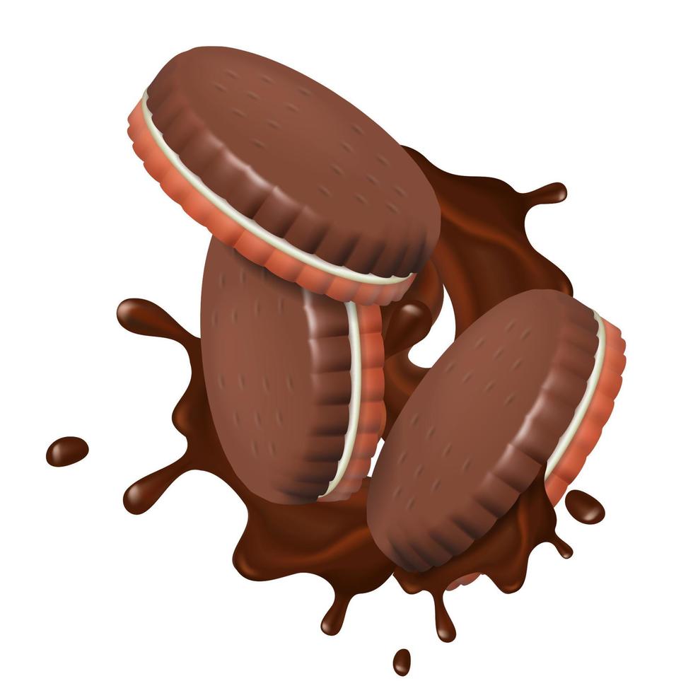 biscuits et craquelins réalistes avec des éclaboussures de chocolat. isolé. fond blanc. illustration vectorielle. vecteur