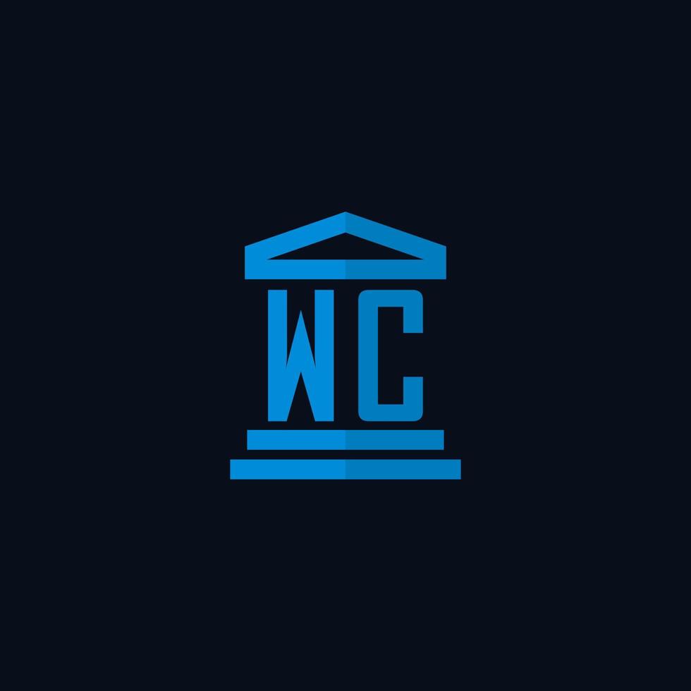 monogramme de logo initial de wc avec vecteur de conception d'icône de bâtiment de palais de justice simple