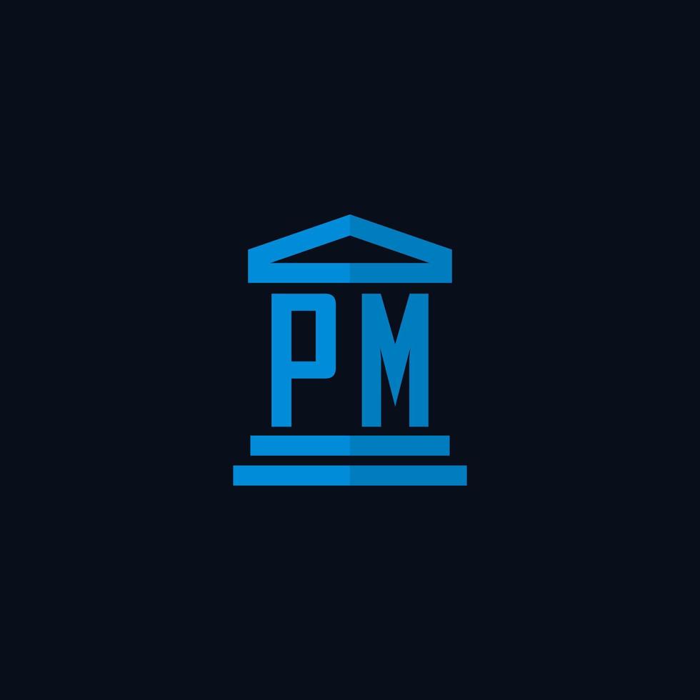 pm monogramme de logo initial avec vecteur de conception d'icône de bâtiment de palais de justice simple