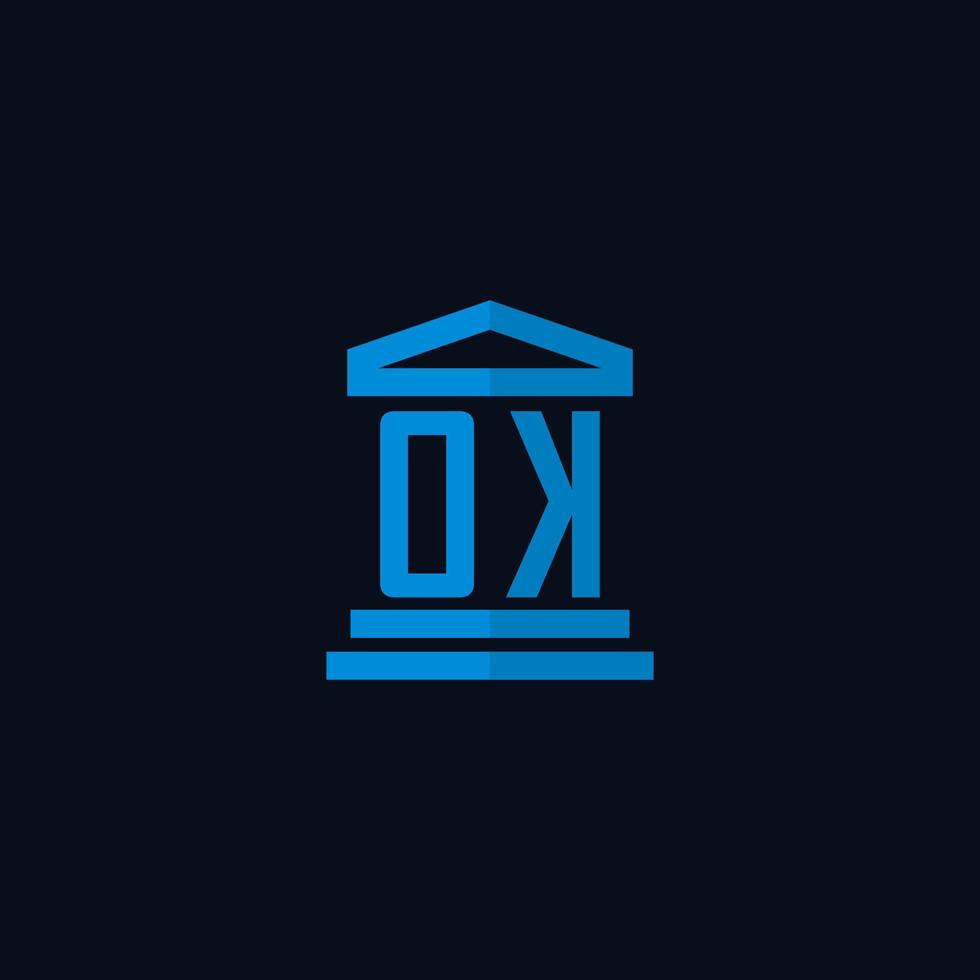 ok monogramme de logo initial avec vecteur de conception d'icône de bâtiment de palais de justice simple