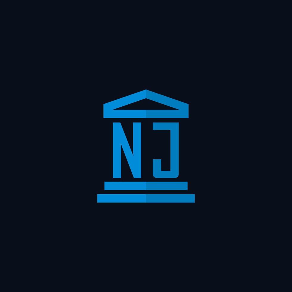 monogramme de logo initial nj avec vecteur de conception d'icône de bâtiment de palais de justice simple