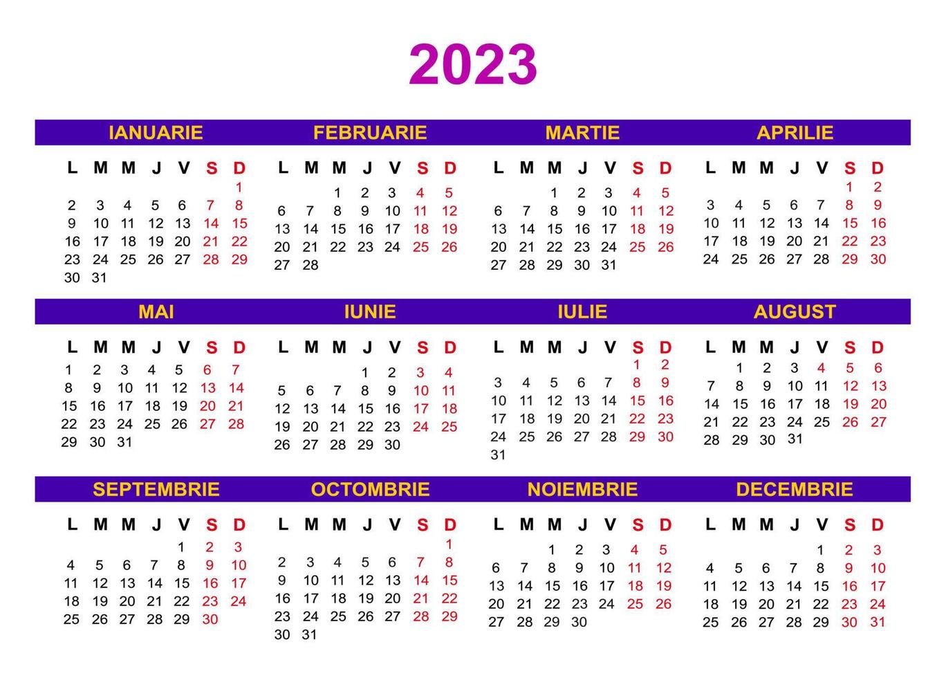 calendrier 2023 roumain, la semaine commence lundi, design minimal vecteur