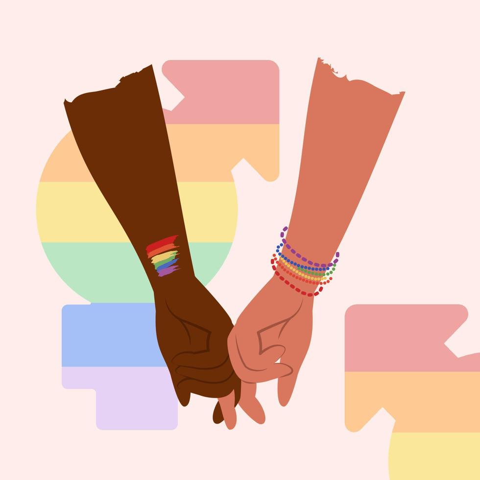 couple lgbt ou famille de peaux différentes se tenant la main. mariage dans la communauté lgbti. bras humains avec emblèmes lgbtg, arc-en-ciel, drapeau. illustration vectorielle plate pour affiche, carte, bannière, autocollant vecteur